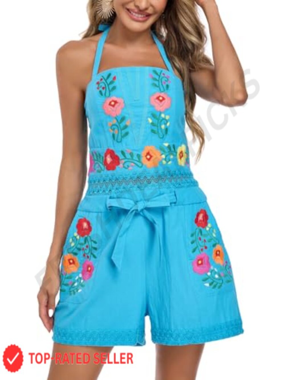 Sleeveless Halter Neck Floral Embroidered Flowy Jumpsuit Romper with Pockets